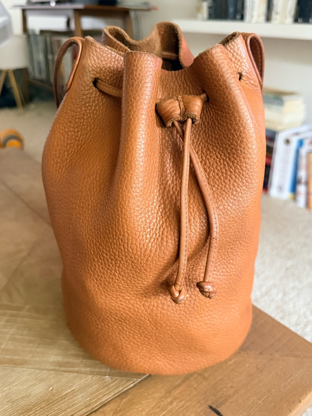 Brown BAGGU Leather Drawstring Bucket Bag